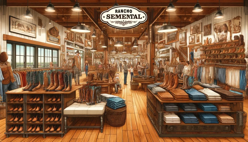 Rancho Semental - A vivid and detailed wide aspect illustration of the exterior of 'Rancho Semental', a western wear store. The storefront features a classic western de (1)