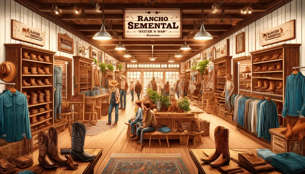 Rancho Semental - A vivid and detailed wide aspect illustration of the exterior of 'Rancho Semental', a western wear store. The storefront features a classic western de (1)