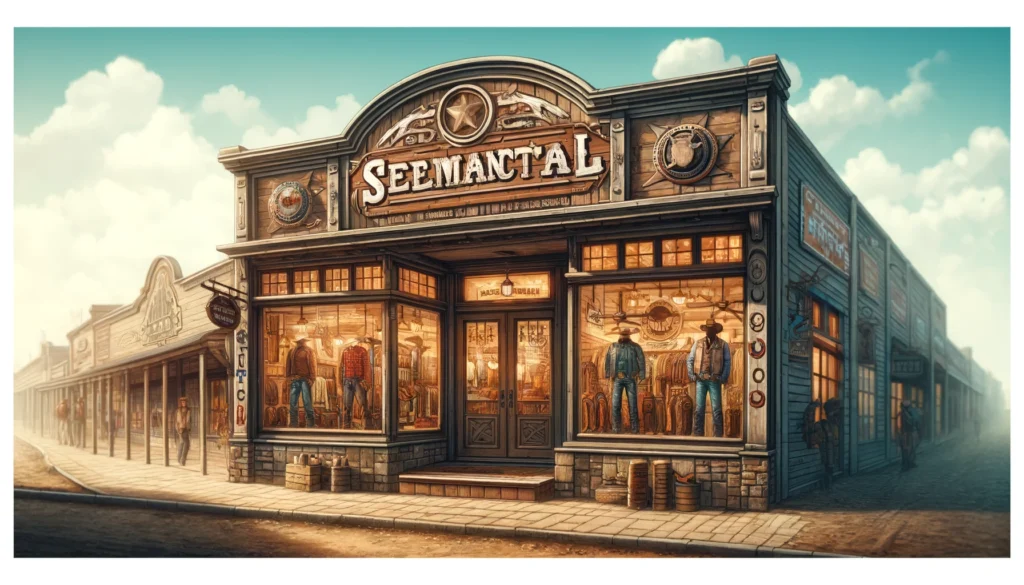 Rancho Semental - A vivid and detailed wide aspect illustration of the exterior of 'Rancho Semental', a western wear store. The storefront features a classic western de (1)